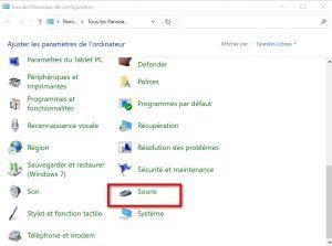 Souris dans le panneau de configuration