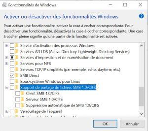 Activer les options du Support du partage de fichiers \SMB 1.0/CIFS