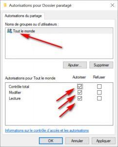 Autorisations pour le dossier partagé