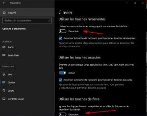 Désactiver les options de touches rémanentes et de touches de filtre